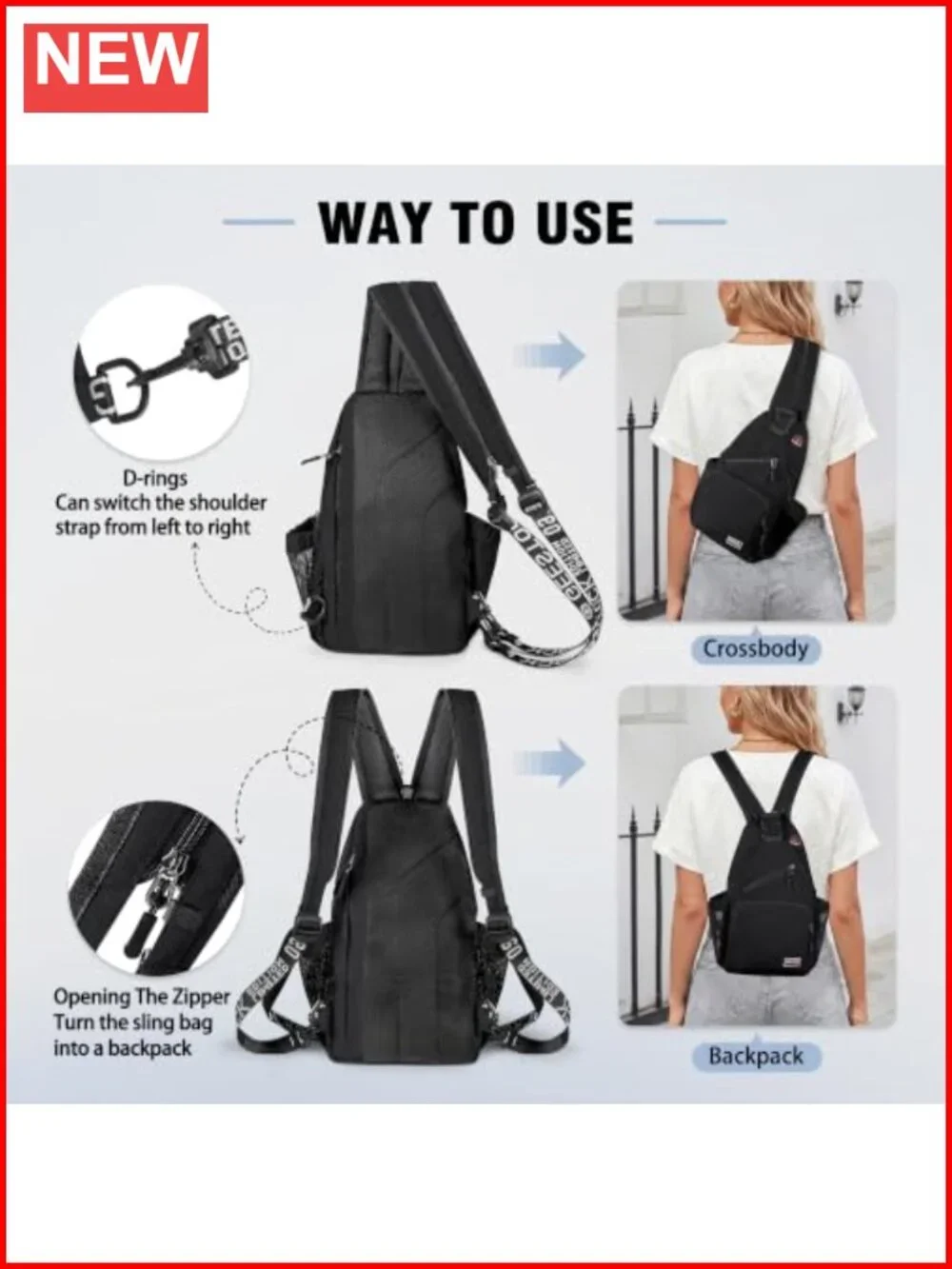 Convertible Sling Backpack Crossbody Daypack Adjustable Strap Lightweight